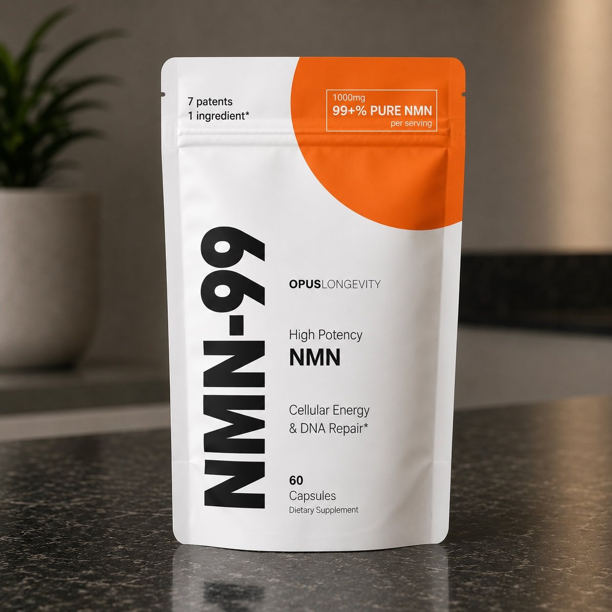The NMN-99 package, 1,000 mg of 99+% pure beta-NMN per serving, 60 capsules