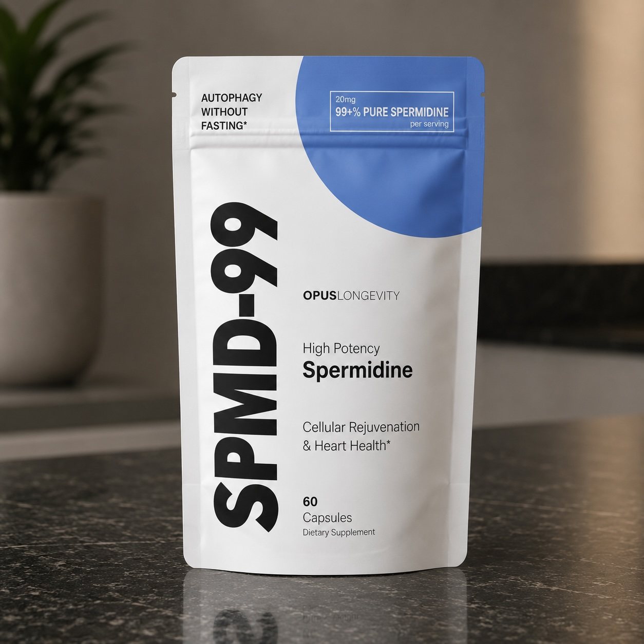 The SPMD-99 package, 20 mg of 99+% pure spermidine per serving, 60 capsules